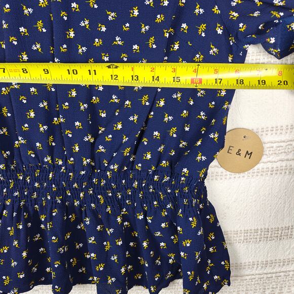 E&M Navy Blue Floral Blouse Puff Sleeve Tie Detail Top Size XL NWT - Picture 3 of 9